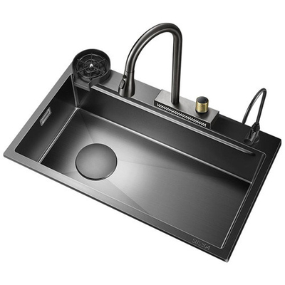 2024 Thép không gỉ bồn rửa nhà bếp với 2 Piano Key Led thác nước vòi lớn single slot Bionic Honeycomb Black Wash Ba