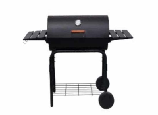 Lò nướng BBQ hình trụ tròn OEM ngoài trời có xe đẩy di động, lò nướng than lớn với tấm bên
